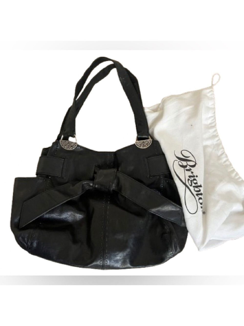 Brighton Cleo Bow Black Pebbled Leather Shoulder Bag.